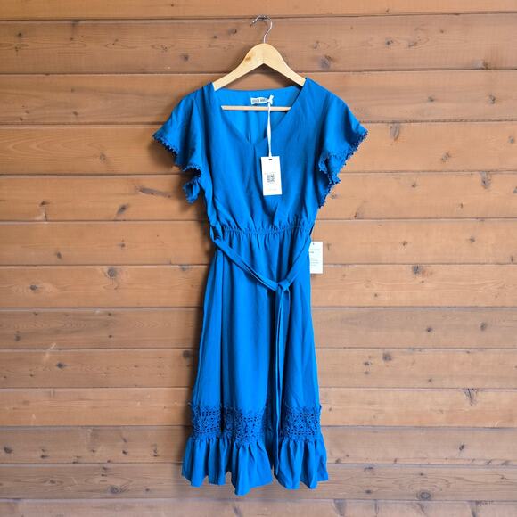 Grace Karin Eyelet Tie Waist Vneck Summer Flutter Sleeve Dress NWT Small - Picture 2 of 5